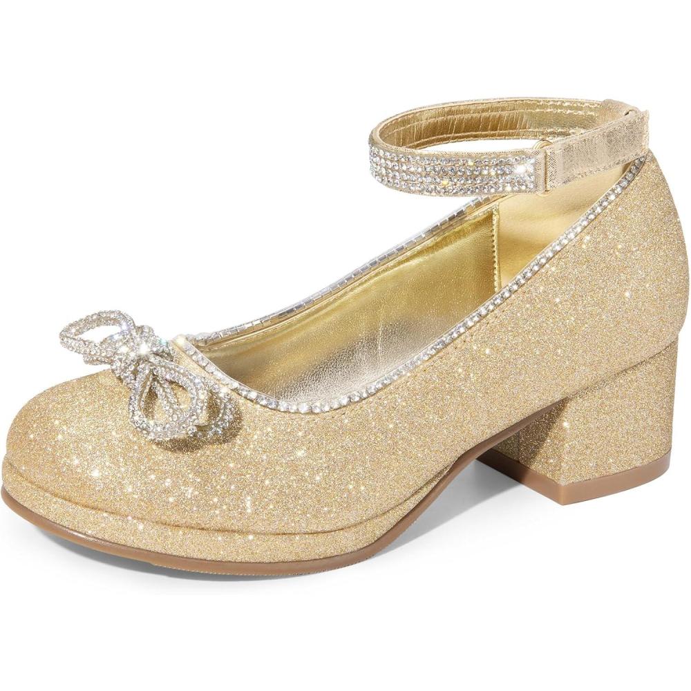 imageDREAM PAIRS Girls Dress Shoes Platform Chunky Heel Ankle Strap Princess Flats Flower Party Wedding Pump for Little Big KidGold