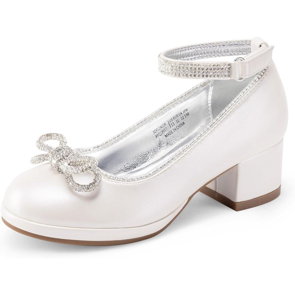 imageDREAM PAIRS Girls Dress Shoes Platform Chunky Heel Ankle Strap Princess Flats Flower Party Wedding Pump for Little Big KidIvory