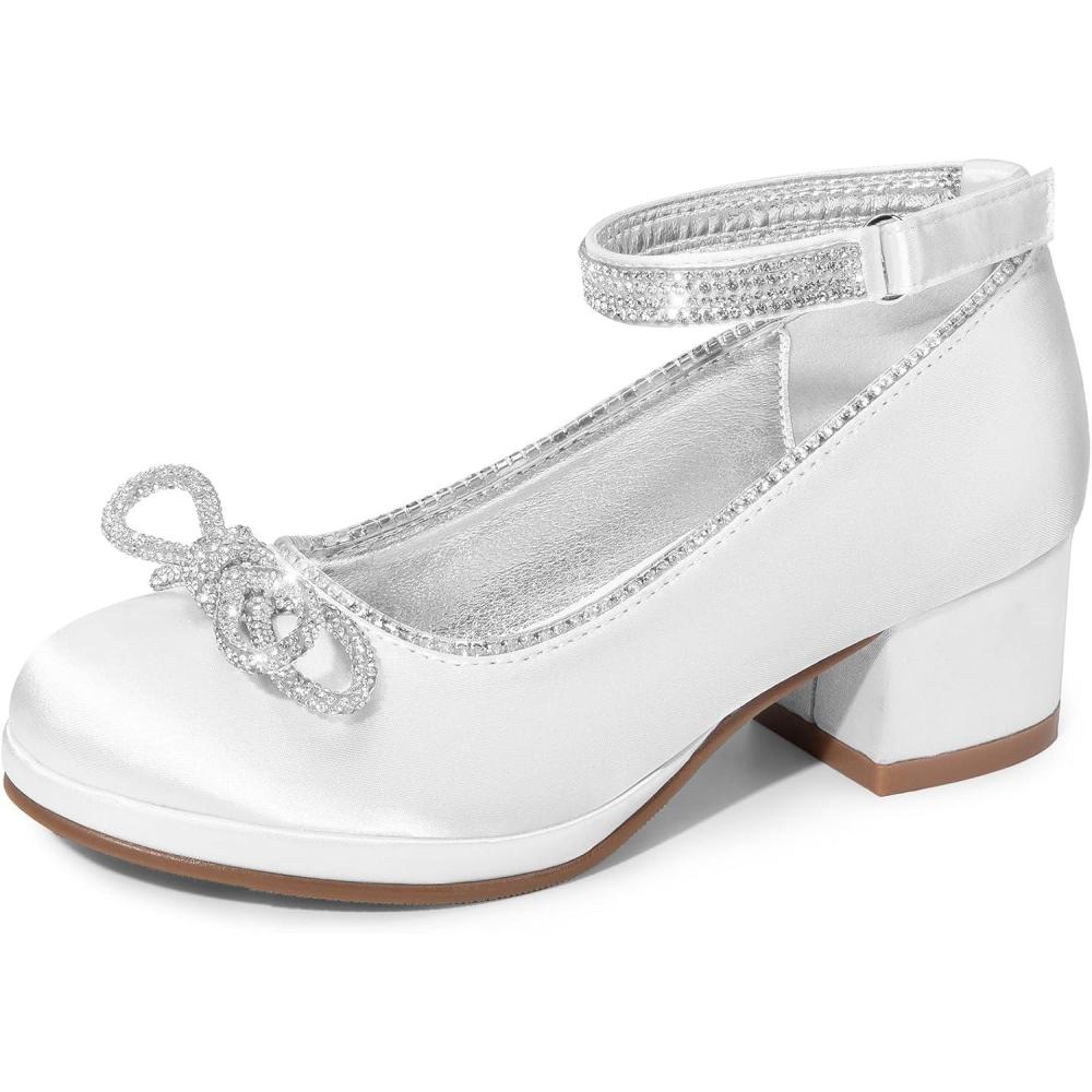 imageDREAM PAIRS Girls Dress Shoes Platform Chunky Heel Ankle Strap Princess Flats Flower Party Wedding Pump for Little Big KidWhite