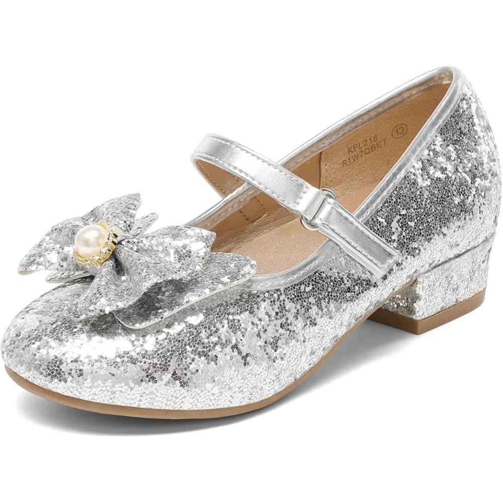 imageDREAM PAIRS Girls Dress Shoes Princess Shoes for Toddler Little Girl Mary Jane Low Heels Glitter Flower Party Wedding FootwearSliver