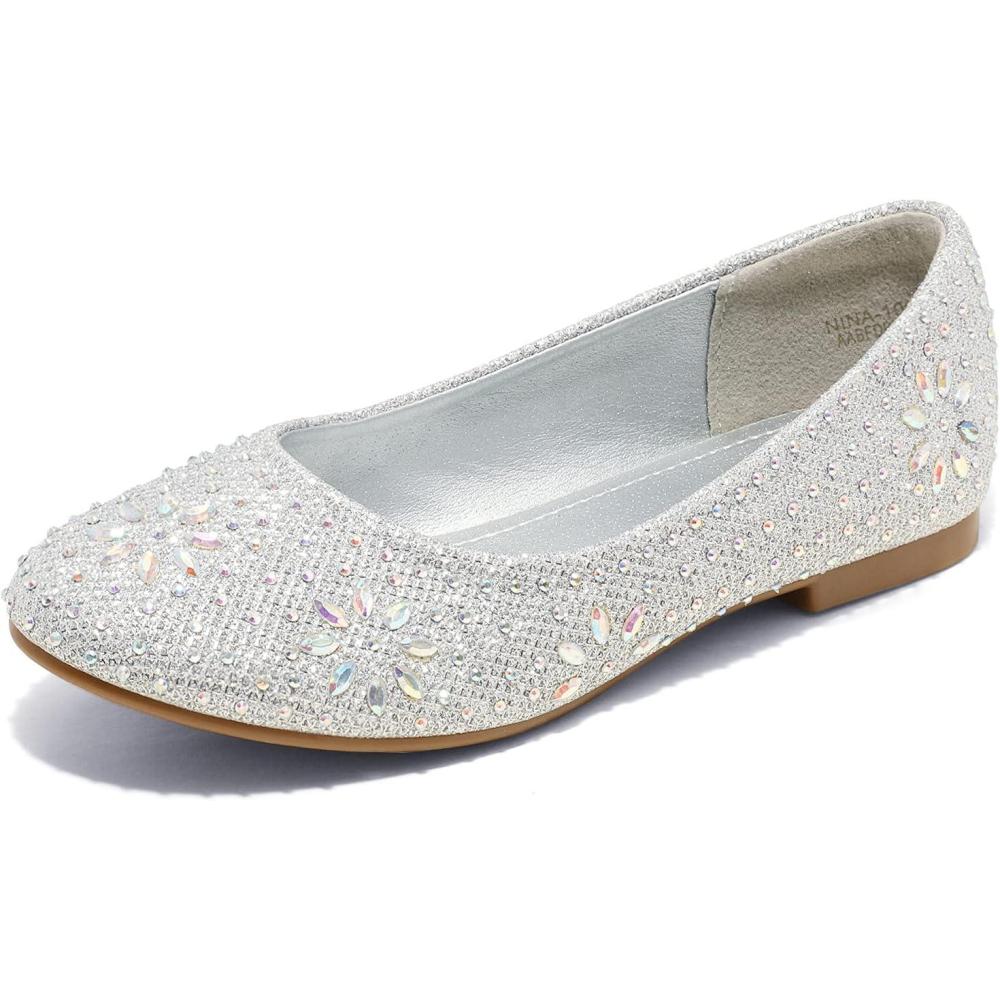 imageDREAM PAIRS Girls Dress Shoes Slipon Rhinestone Glitter Ballet Flats for Wedding Party Birthday Prom Little KidBig KidNina100silver Glitter