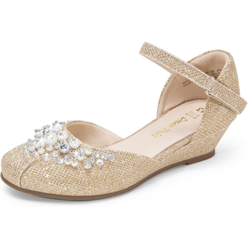imageDREAM PAIRS Girls Dress Shoes Toddler Little Big Girls Heels Low Wedge Pumps with Pearls Rhinestone for Flower Girl Princess Wedding PartyGoldglitter