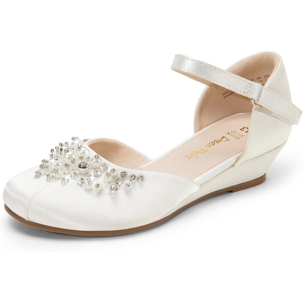imageDREAM PAIRS Girls Dress Shoes Toddler Little Big Girls Heels Low Wedge Pumps with Pearls Rhinestone for Flower Girl Princess Wedding PartyIvory