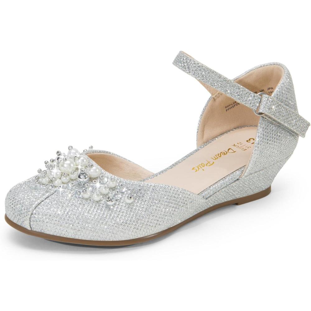 imageDREAM PAIRS Girls Dress Shoes Toddler Little Big Girls Heels Low Wedge Pumps with Pearls Rhinestone for Flower Girl Princess Wedding PartySilverglitter