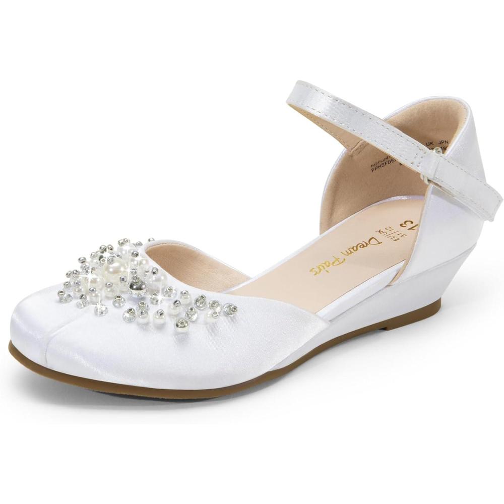 imageDREAM PAIRS Girls Dress Shoes Toddler Little Big Girls Heels Low Wedge Pumps with Pearls Rhinestone for Flower Girl Princess Wedding PartyWhite