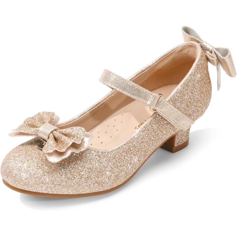 imageDREAM PAIRS Girls Dress Shoes Toddler Little Girls Heels Mary Jane Princess Shoes with Interchangeable Bow for Flower Girl Wedding PartyGold