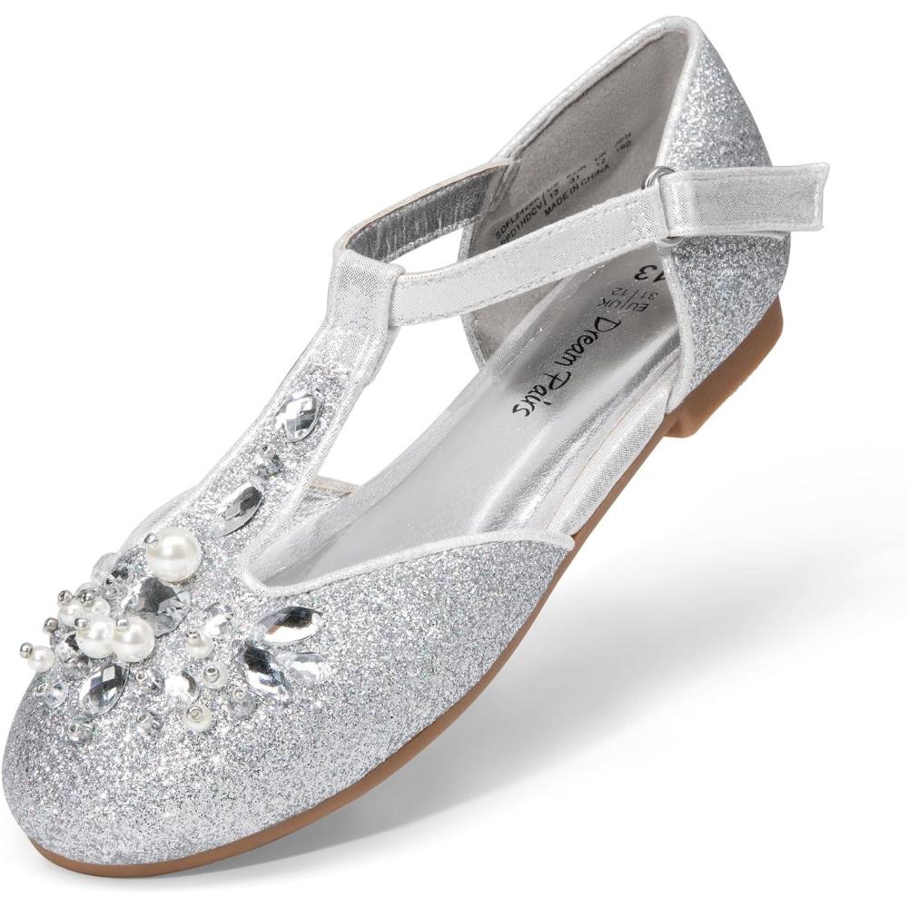 imageDREAM PAIRS Girls Mary Jane Dress Shoes Pearl TStrap Party Flower Wedding Princess Flats for Toddler Little Big KidSilver