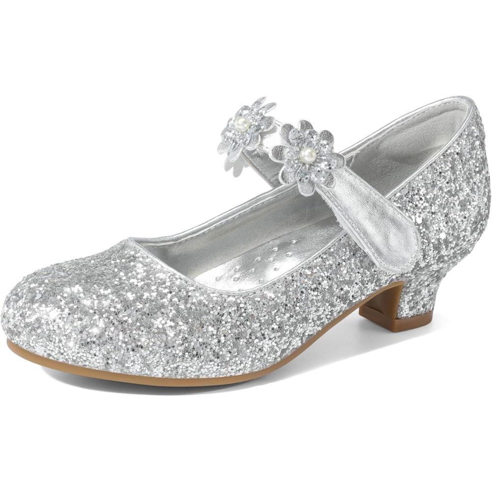 imageDREAM PAIRS Girls Mary Jane Dress Shoes Pumps Low Heels Flower Party Wedding PrincessSilverglitter