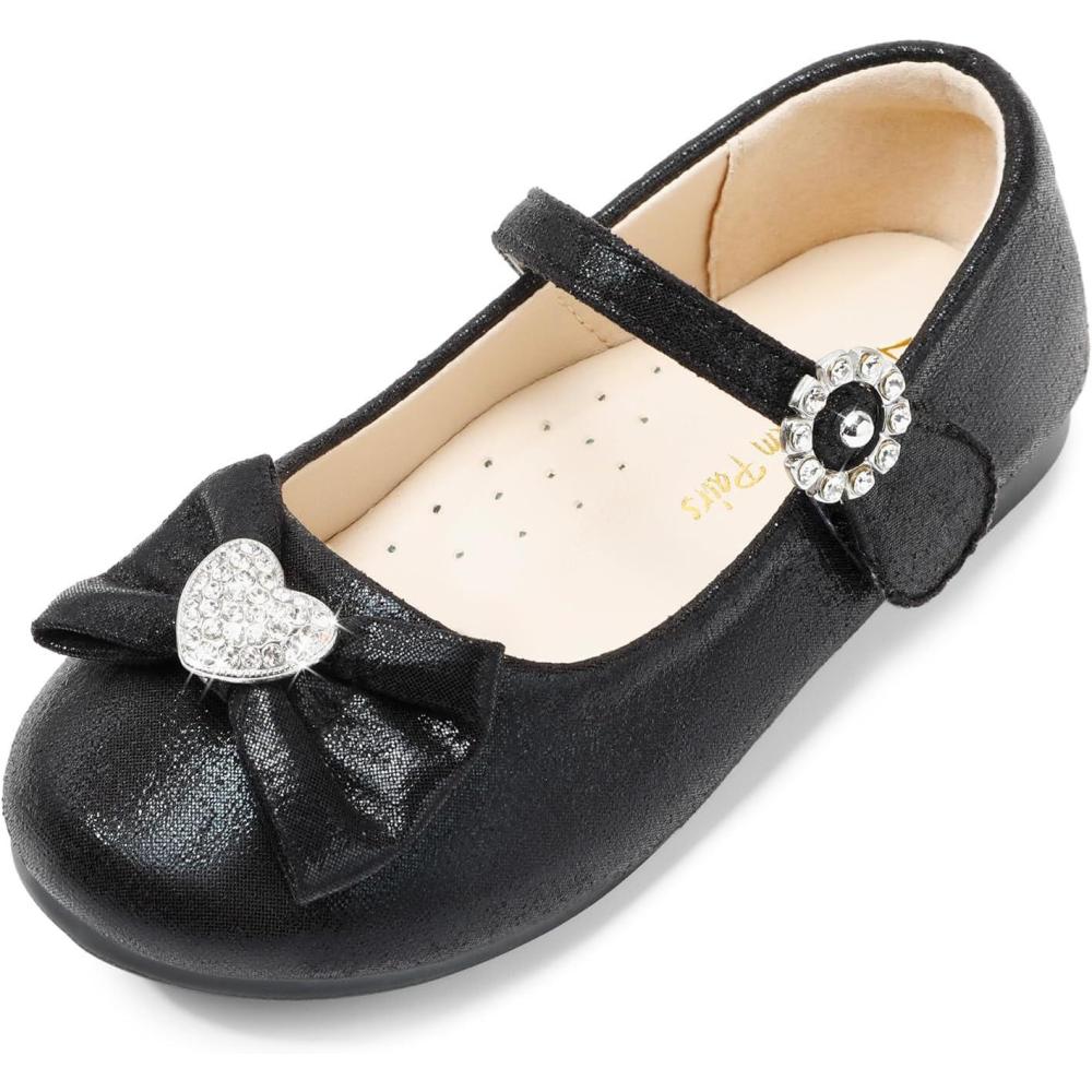 imageDREAM PAIRS Girls Mary Jane Dress Shoes for Toddler Heart Rhinestone Front Bow Ballerina Flat ToddlerLittle KidBlack
