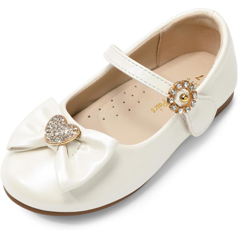 imageDREAM PAIRS Girls Mary Jane Dress Shoes for Toddler Heart Rhinestone Front Bow Ballerina Flat ToddlerLittle KidIvoryPu
