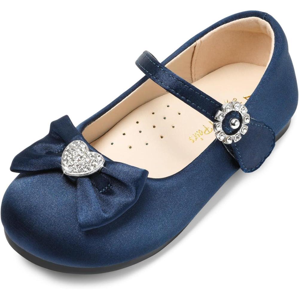 imageDREAM PAIRS Girls Mary Jane Dress Shoes for Toddler Heart Rhinestone Front Bow Ballerina Flat ToddlerLittle KidNavySatin