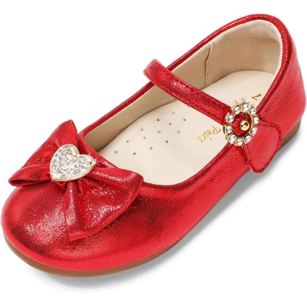 imageDREAM PAIRS Girls Mary Jane Dress Shoes for Toddler Heart Rhinestone Front Bow Ballerina Flat ToddlerLittle KidRed