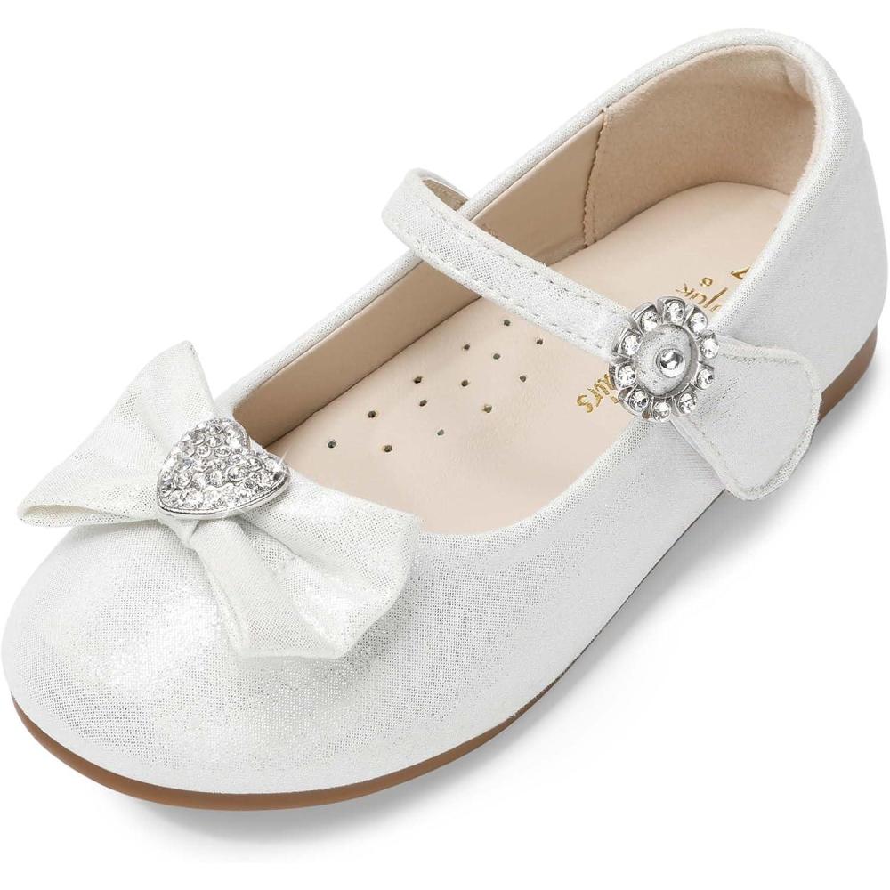 imageDREAM PAIRS Girls Mary Jane Dress Shoes for Toddler Heart Rhinestone Front Bow Ballerina Flat ToddlerLittle KidWhite