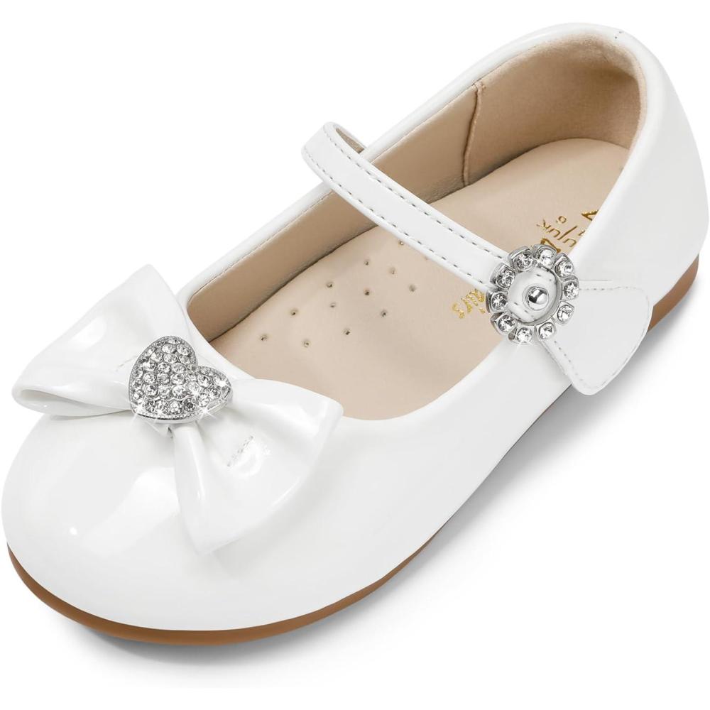 imageDREAM PAIRS Girls Mary Jane Dress Shoes for Toddler Heart Rhinestone Front Bow Ballerina Flat ToddlerLittle KidWhitePat