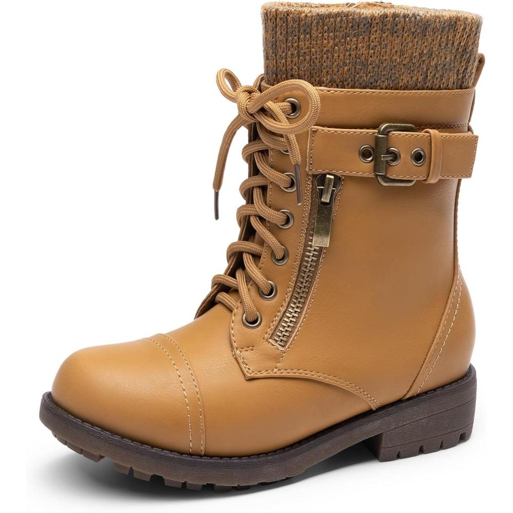 imageDREAM PAIRS Girls Mid Calf Combat Ankle Lace up BootsWheat