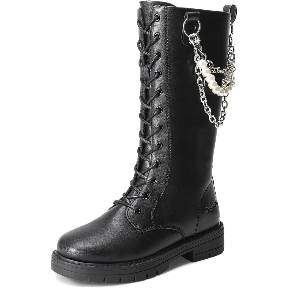 imageDREAM PAIRS Girls Riding Boots Knee High Side Zipper Mid Calf Shoes Little KidBig KidBlack