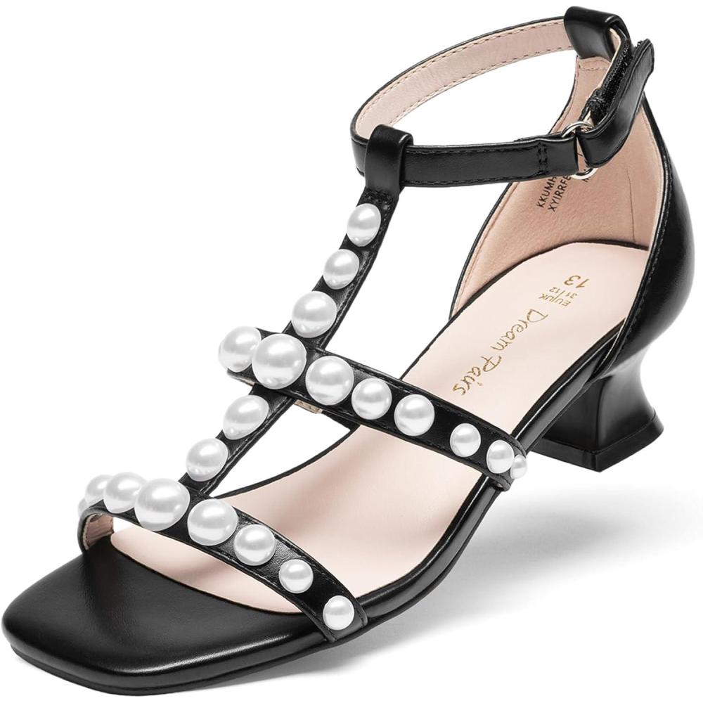 imageDREAM PAIRS Girls Sandals Ankle Strap TStrap Low Heel Pearl Flower Pump Dress Wedding Party Square Toe Shoes for Little KidBig KidBlack