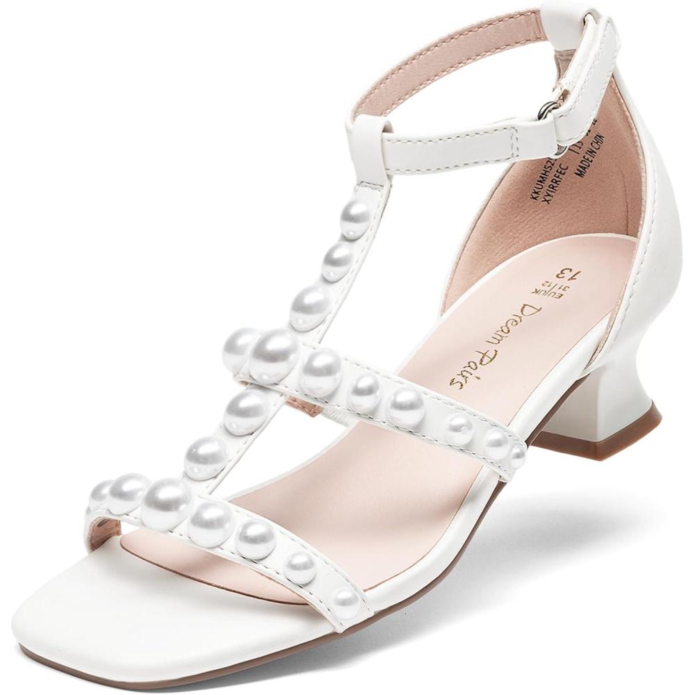 imageDREAM PAIRS Girls Sandals Ankle Strap TStrap Low Heel Pearl Flower Pump Dress Wedding Party Square Toe Shoes for Little KidBig KidWhite