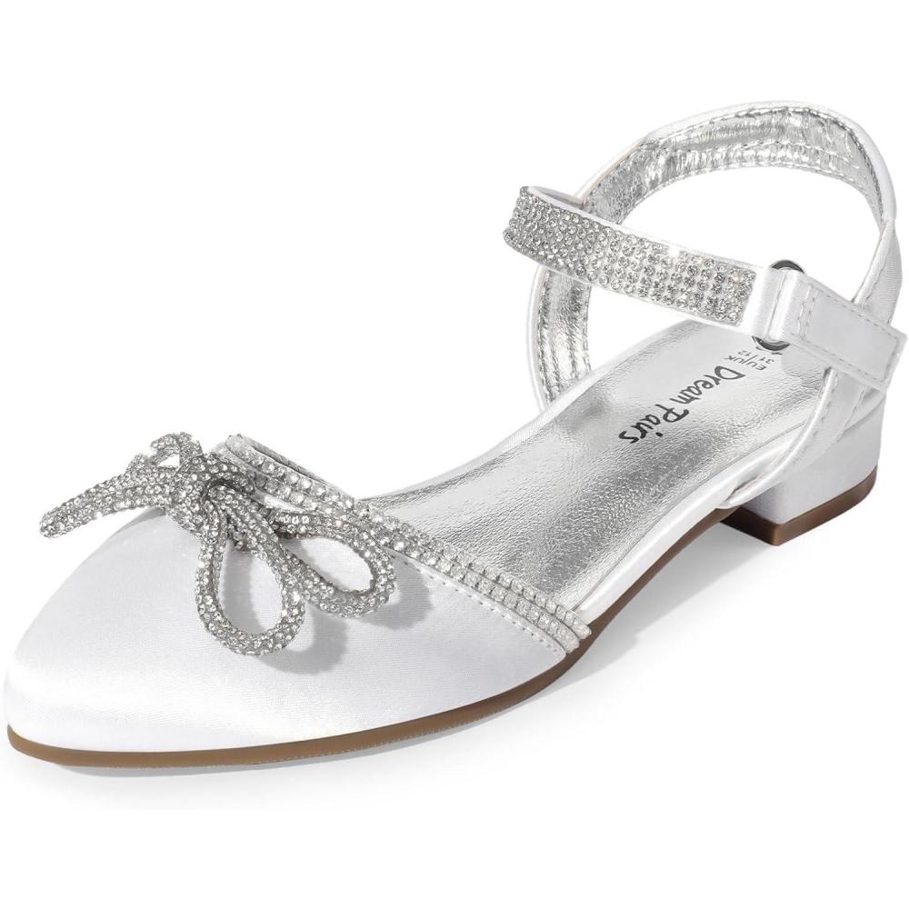 imageDREAM PAIRS Girls Sandals Closed Toe Dress Low Heels Pointed Toe Pump Flower Shoes for Little Big Kids Wedding Princess PartyWhite