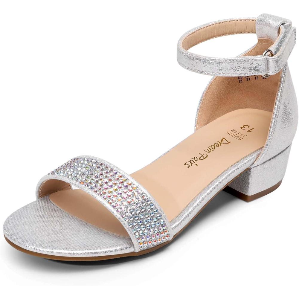 imageDREAM PAIRS Girls Sandals Low Heel Dress Pump Ankle Strap Interchangeable Bow Flower Wedding Party Shoes for Little KidBig KidSilver