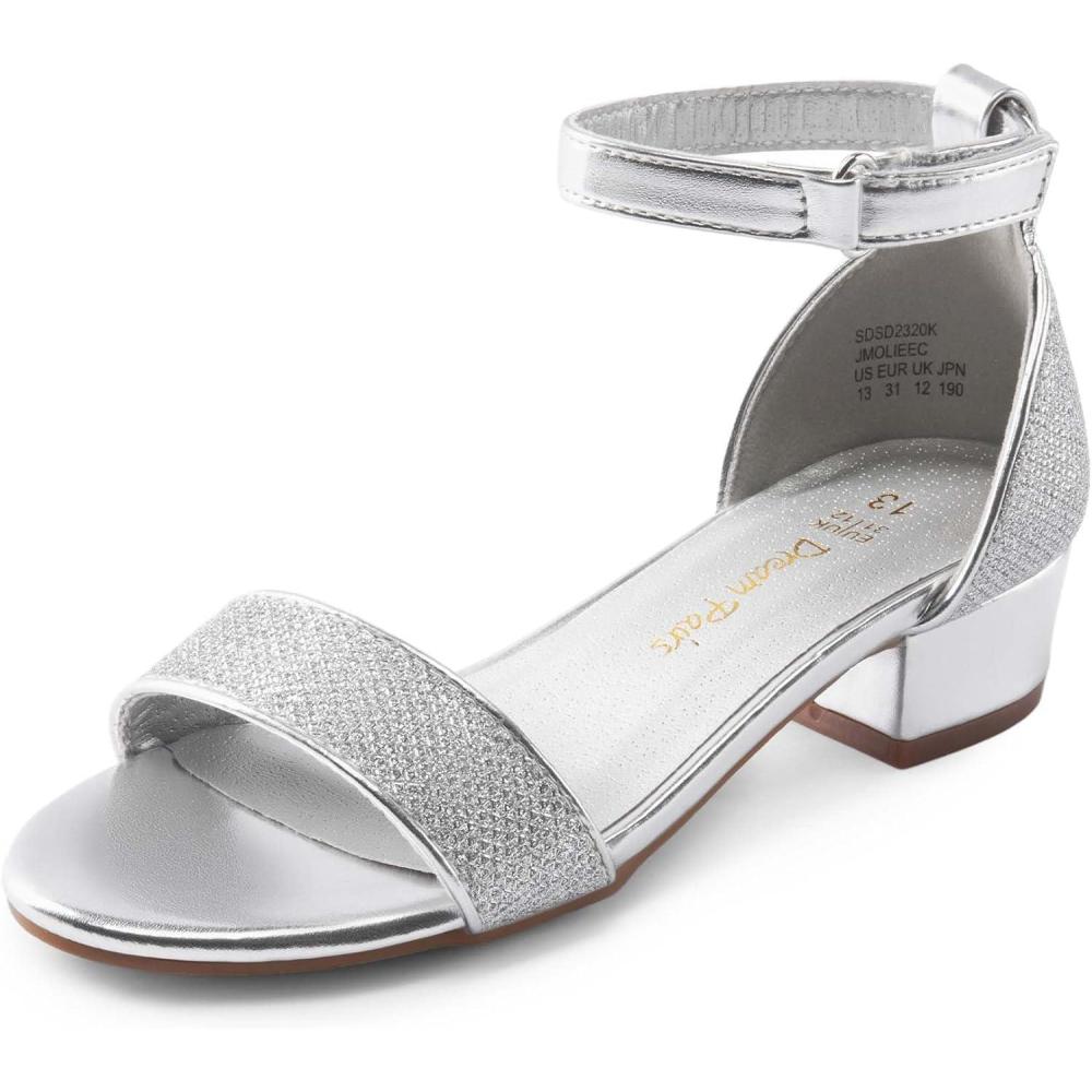 imageDREAM PAIRS Girls Sandals Low Heel Dress Pump Ankle Strap Interchangeable Bow Flower Wedding Party Shoes for Little KidBig KidSilverglitter