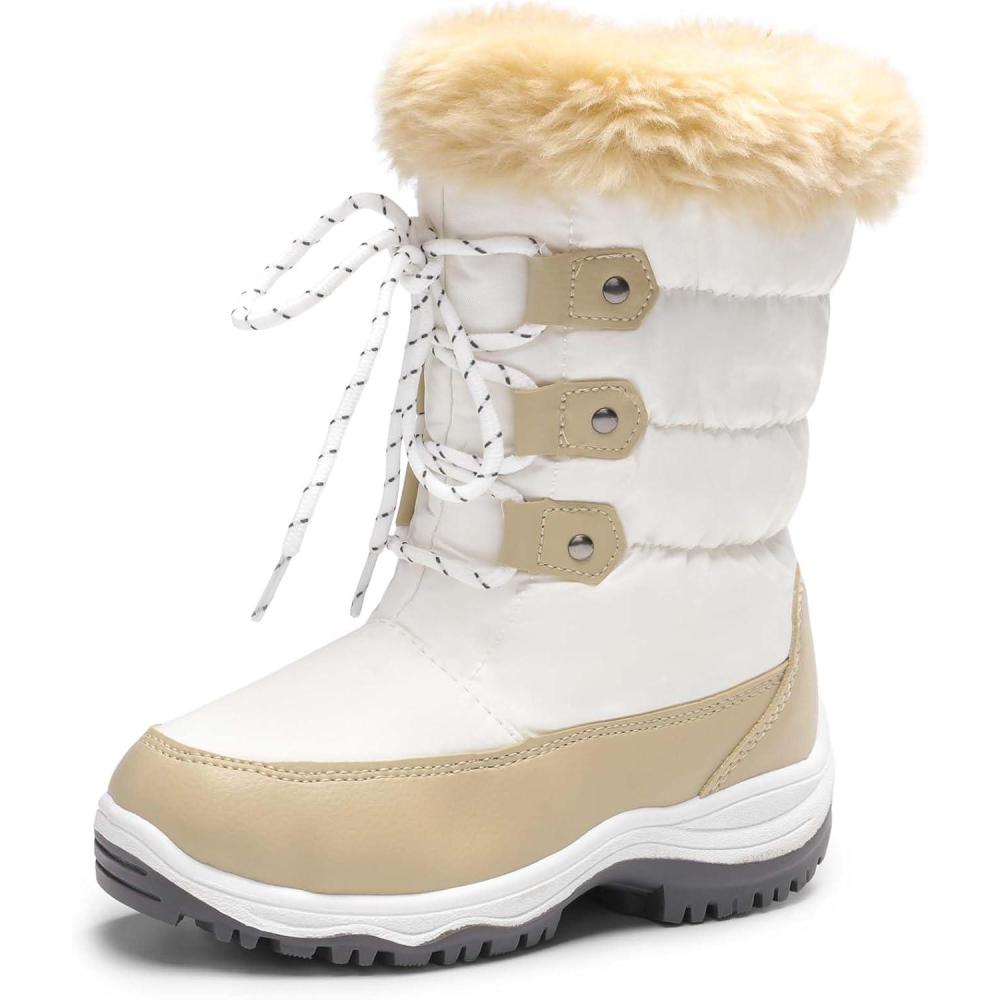 imageDREAM PAIRS Girls Snow Boots Warm Cozy AntiSlip Lightweight Mid Calf Faux Fur Lining Winter Shoes for LittleBig KidsBeigeWhite
