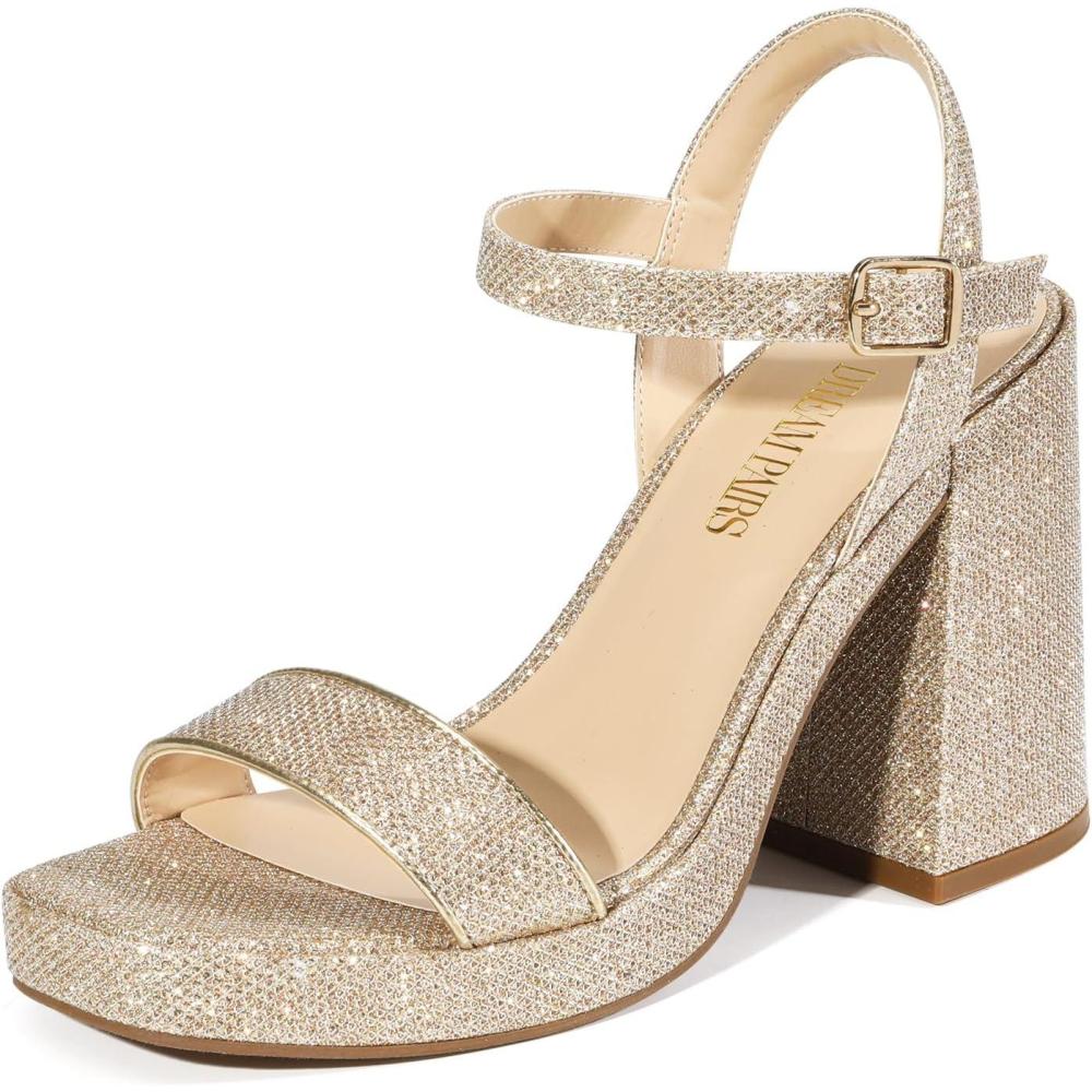 imageDREAM PAIRS Heels for Women Block Chunky Platform High Heels Open Toe GISELLE Fashion Wedding Party Evening Prom Dance Ankle Strap Dress Pump Sandals ShoesGoldglitter