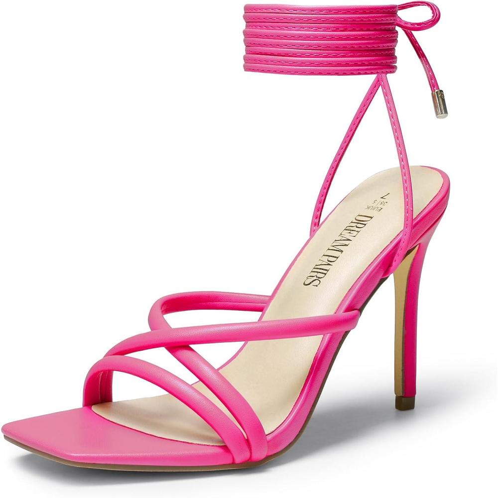 imageDREAM PAIRS Heels for Women Strappy High Stiletto Lace Up Heeled Sandals Square Open Toe Heels for Prom Party DatingHot Pinkpu