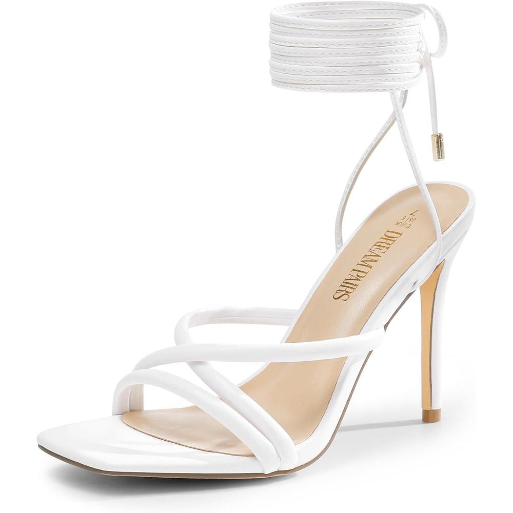 imageDREAM PAIRS Heels for Women Strappy High Stiletto Lace Up Heeled Sandals Square Open Toe Heels for Prom Party DatingWhitepu