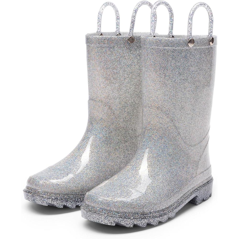 imageDREAM PAIRS Kids Rain Boots Glitter Boys Girls with Easyon Handles Sparkly Waterproof Boots Outdoor Playing Rain Boots UnisexChildSilver