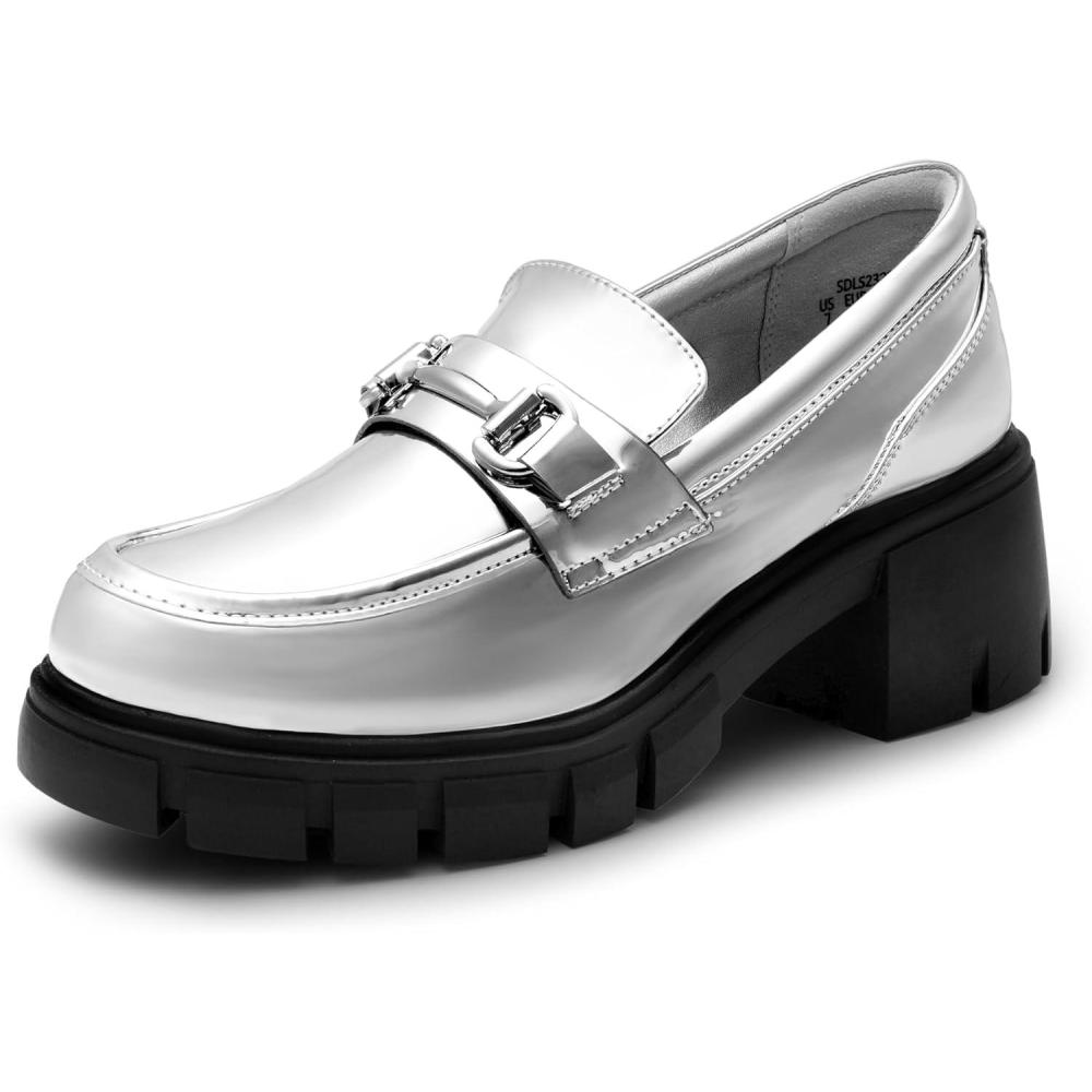 imageDREAM PAIRS Loafers for Women Platform Chunky Loafers Slip On Casual ShoesSilverpat