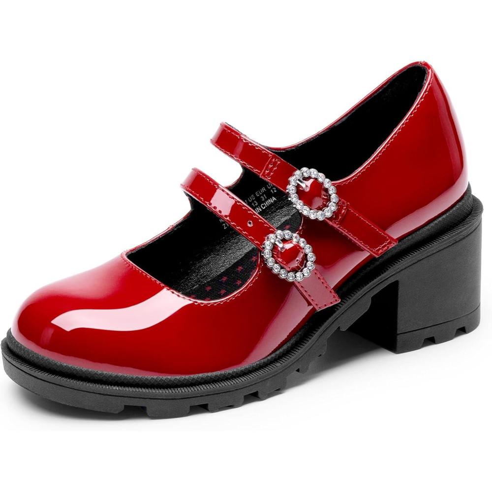 imageDREAM PAIRS Mary Jane Shoes for Girls Platform School Uniform Party Chunky Dress Heel Double Straps Flats for Little Big KidRed