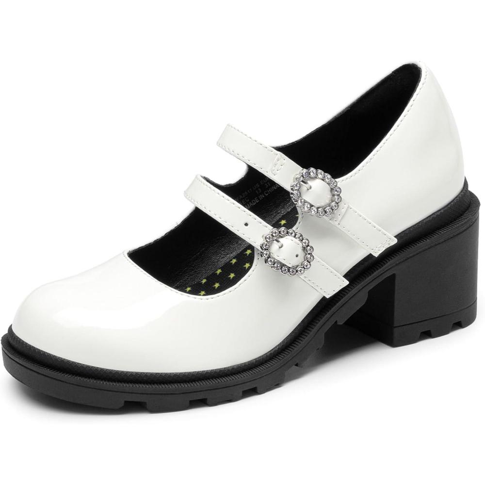 imageDREAM PAIRS Mary Jane Shoes for Girls Platform School Uniform Party Chunky Dress Heel Double Straps Flats for Little Big KidWhite