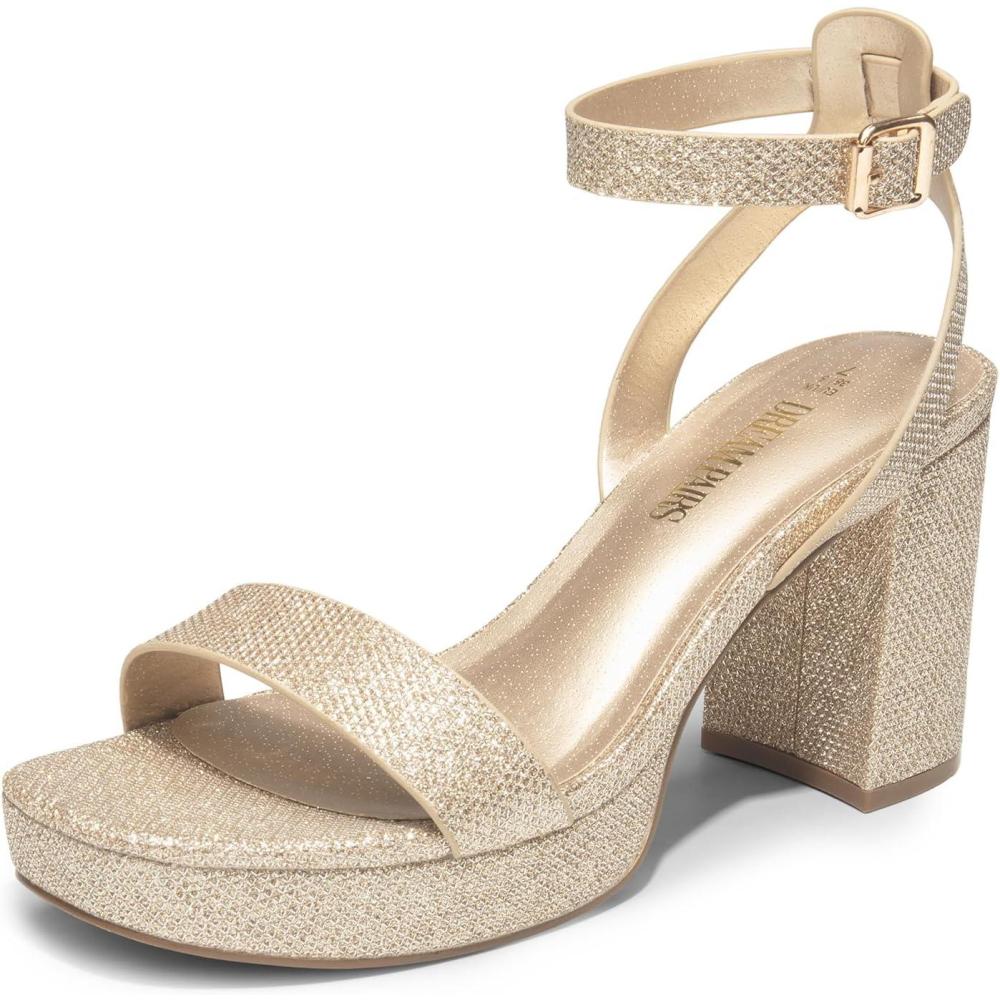 imageDREAM PAIRS Platform Heels for Women High Block Chunky Open Toe Ankle Strap Heels Fashion Wedding Party Evening Prom Dance Dress Pump Sandals ShoesGoldglitter