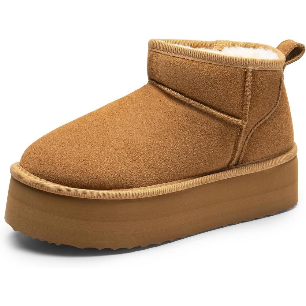 imageDREAM PAIRS Platform Mini Boots for Women Suede Genuine Leather Classic Winter Ankle Snow Boots with Memory Foam Insole Lightweight AntiSlip Outsole FuzzyClassicChestnut