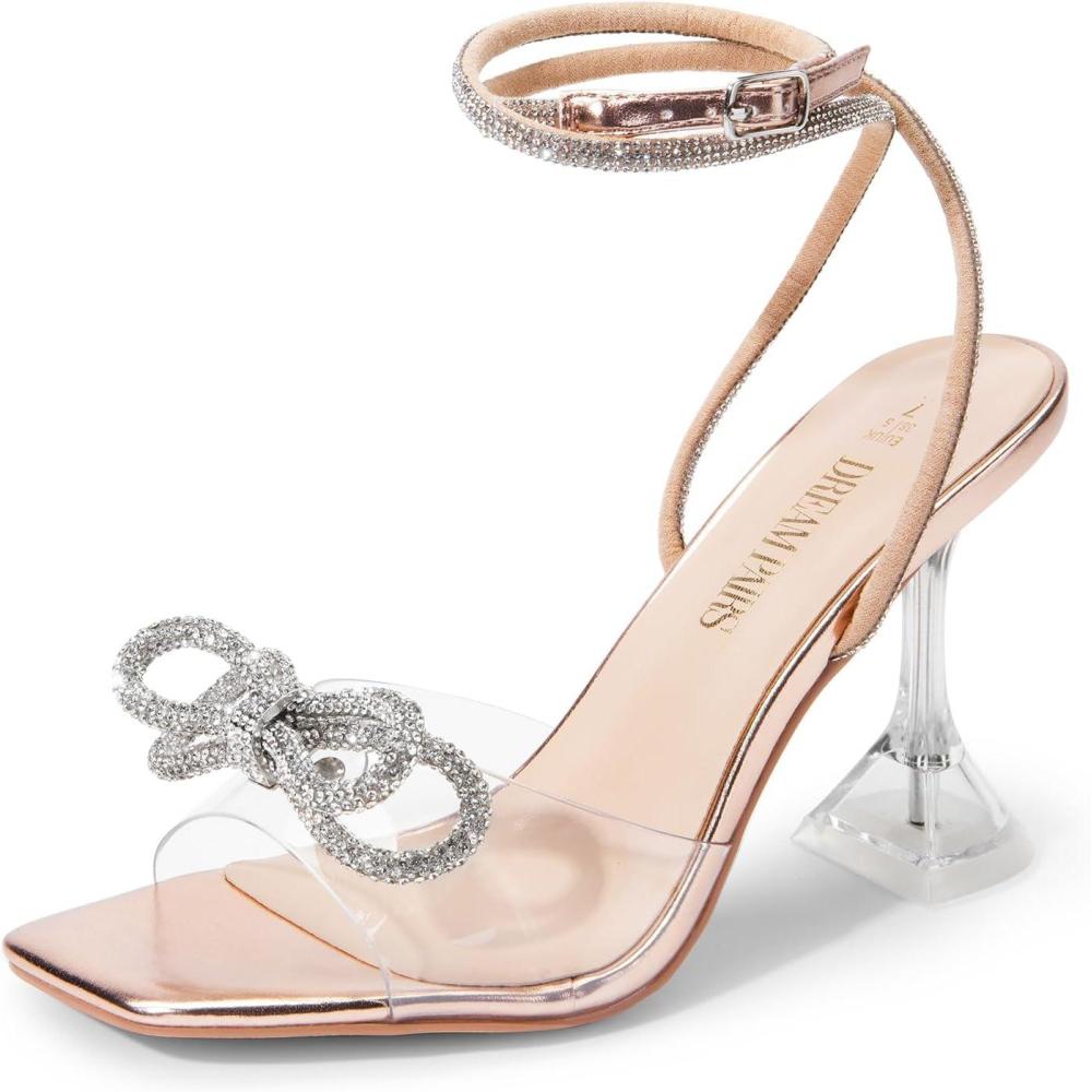 imageDREAM PAIRS Stiletto Bow Heels for Women Strappy Sparkly Rhinestone Square Toe Clear Crystal High Sandals for Party WeddingRose Goldpu