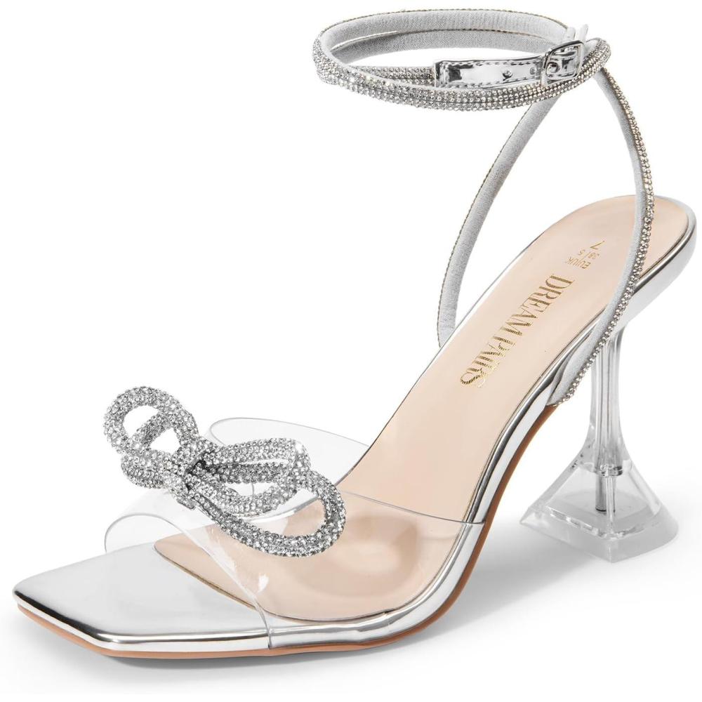 imageDREAM PAIRS Stiletto Bow Heels for Women Strappy Sparkly Rhinestone Square Toe Clear Crystal High Sandals for Party WeddingSilverpu