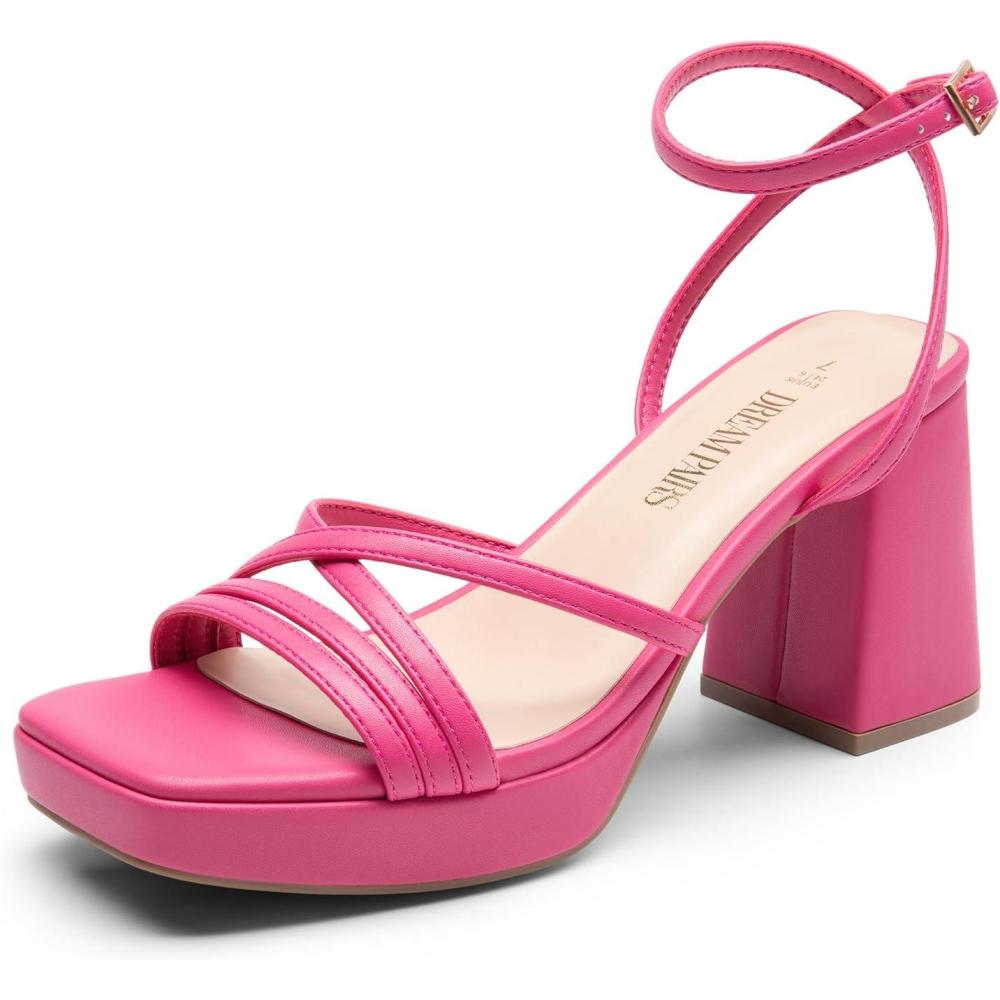imageDREAM PAIRS Strappy Heels for Women Platform Chunky High 3inch Heeled Sandals with Square Open Toe Ankle Buckle for Graduation Party Prom Daily WeddingHot Pinkpu