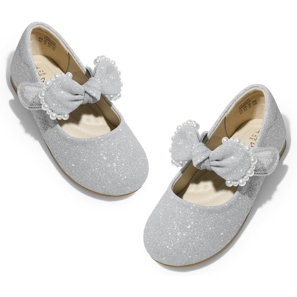 imageDREAM PAIRS Toddler Flower Girl Dress Shoes Little Girls Mary Janes Ballet Flats Ballerina Shoes Wedding PartySilverGlitter