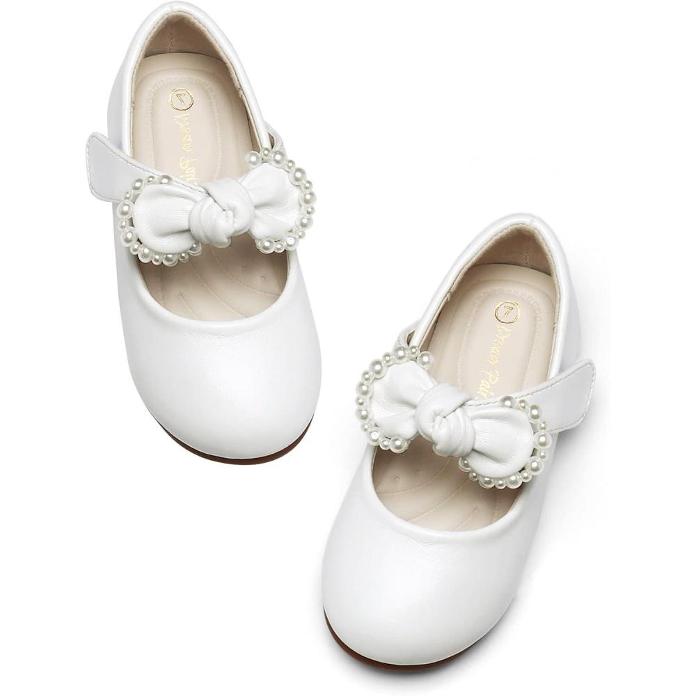 imageDREAM PAIRS Toddler Flower Girl Dress Shoes Little Girls Mary Janes Ballet Flats Ballerina Shoes Wedding PartyWhitePu