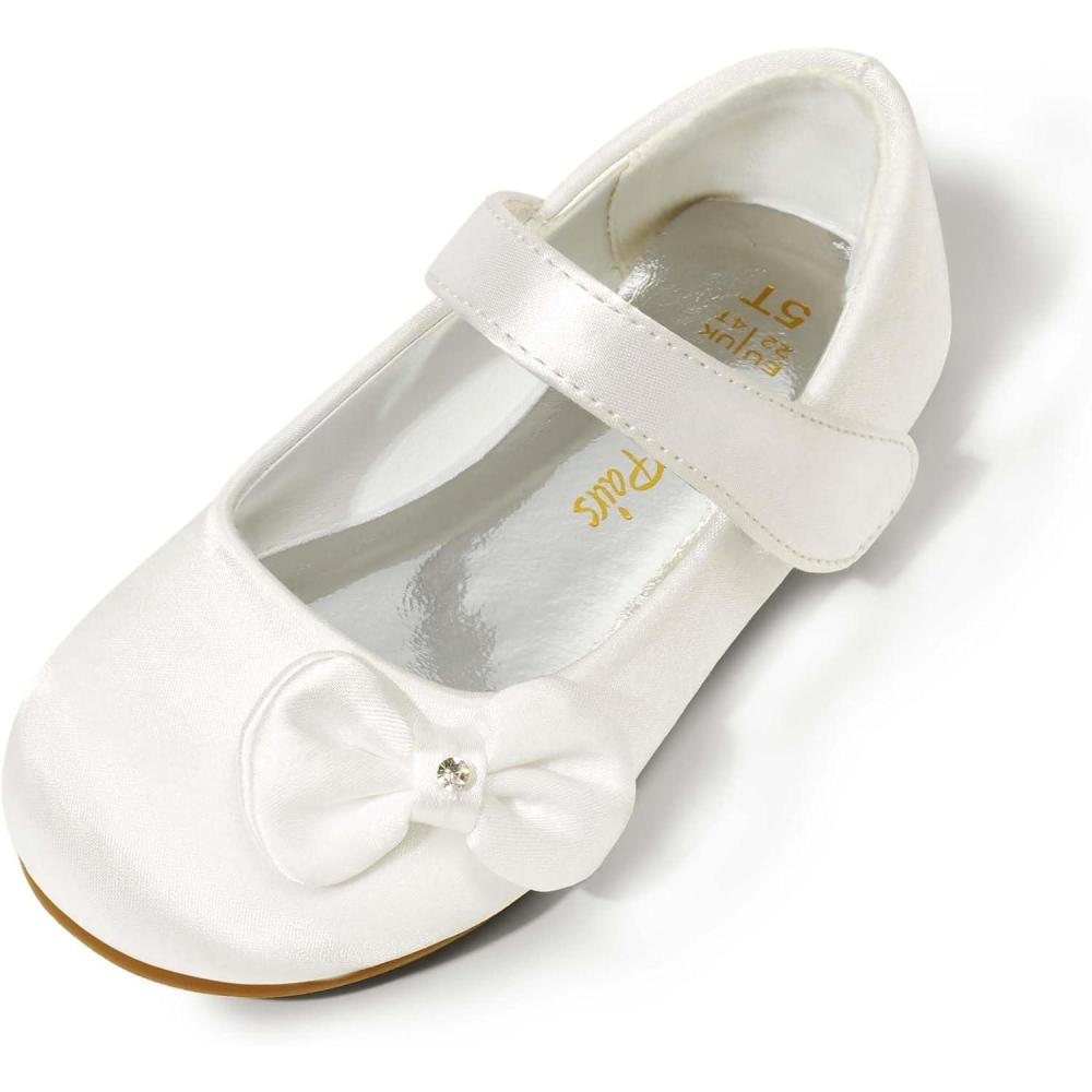 imageDREAM PAIRS Toddler Girls Dress Shoes Mary Jane Flats Girls School Uniform Flats Bow Ballerina ShoesWhiteSatin