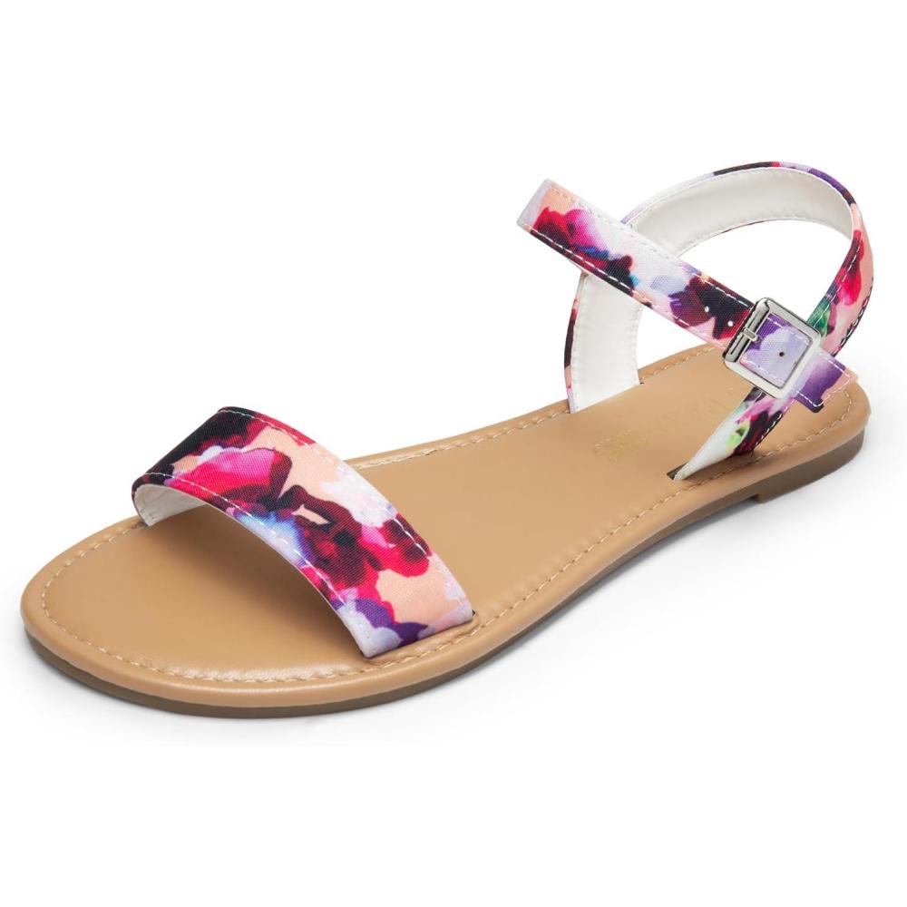 imageDREAM PAIRS Womens Ankle Strap Flat Sandals Open Toes One Band Buckle Summer Dressy SandalsFloral