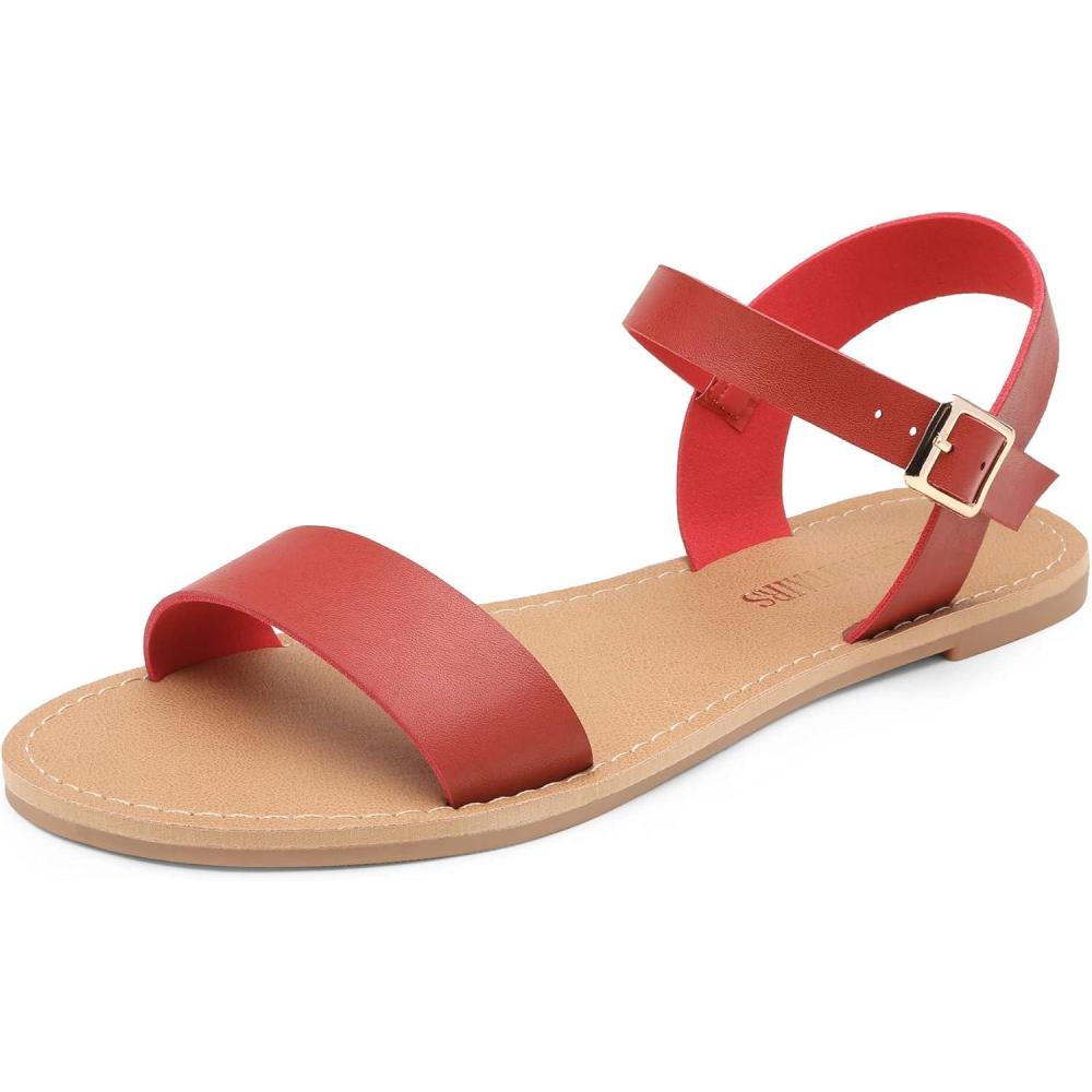 imageDREAM PAIRS Womens Ankle Strap Flat Sandals Open Toes One Band Buckle Summer Dressy SandalsRed