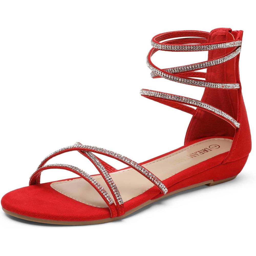 imageDREAM PAIRS Womens Ankle Strap Flat Sandals Summer Dressy Strappy Gladiator Rhinestones SandalsRed