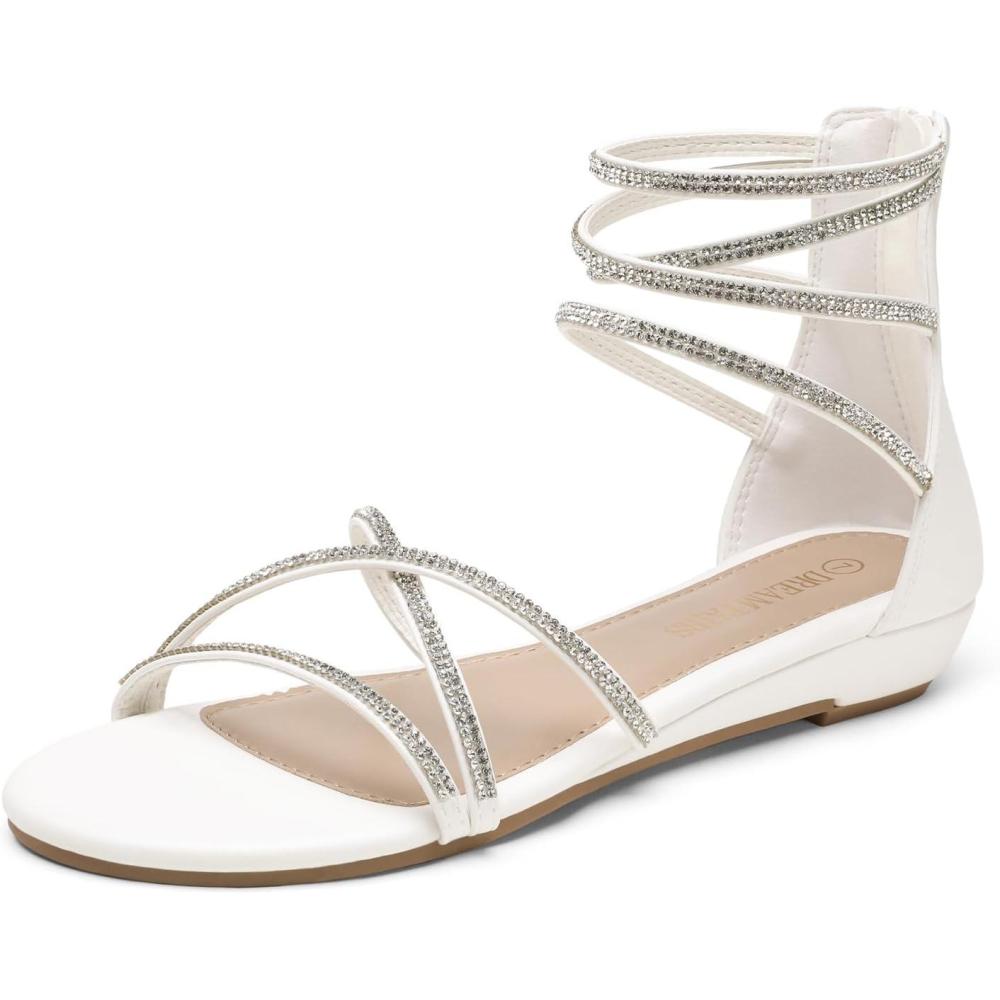 imageDREAM PAIRS Womens Ankle Strap Flat Sandals Summer Dressy Strappy Gladiator Rhinestones SandalsWhite
