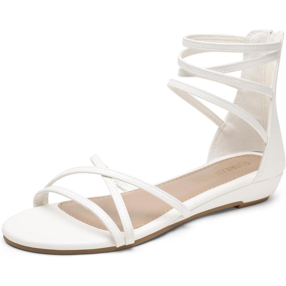imageDREAM PAIRS Womens Ankle Strap Flat Sandals Summer Dressy Strappy Gladiator Rhinestones SandalsWhitePu