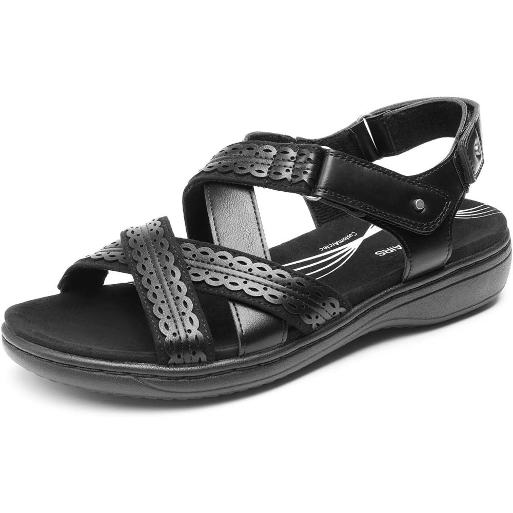 imageDREAM PAIRS Womens Arch Support Sandals Comfortable Open Toe Dress Flats Walking Sandals For SummerAll Black