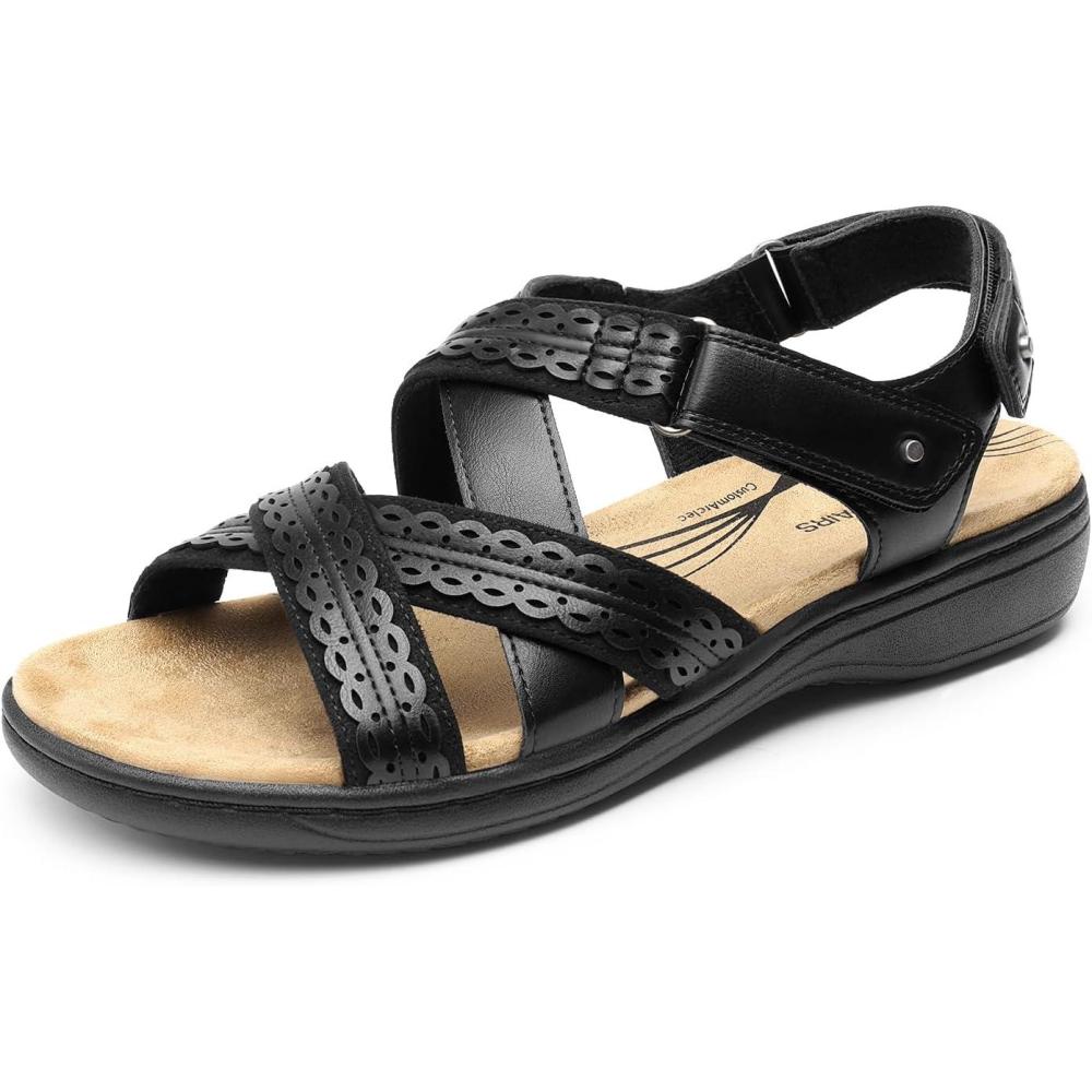 imageDREAM PAIRS Womens Arch Support Sandals Comfortable Open Toe Dress Flats Walking Sandals For SummerBlack