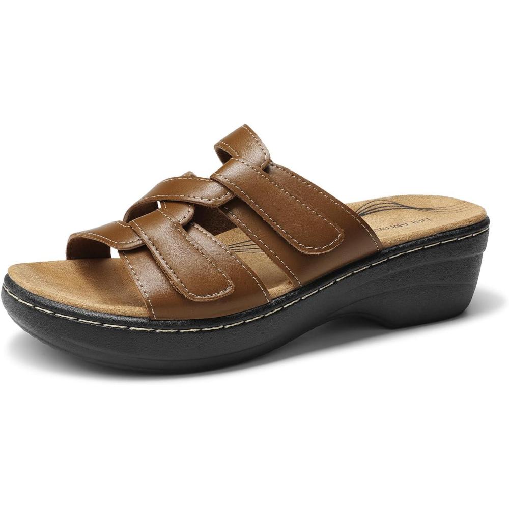 imageDREAM PAIRS Womens Arch Support Slide Sandals Adjustable Straps Slip On Wedge Sandals Casual Comfort Lightweight Flat SlidesBrown