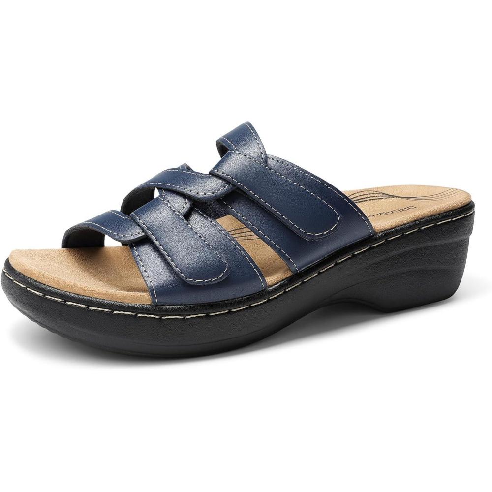 imageDREAM PAIRS Womens Arch Support Slide Sandals Adjustable Straps Slip On Wedge Sandals Casual Comfort Lightweight Flat SlidesNavy